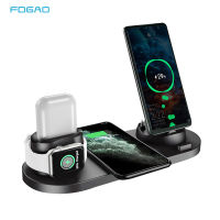 6 in 1 Wireless Charger Station for iPhoneAndroidType-C USB Phones 10W Qi Fast Charging Dock Stand for Apple Watch AirPods Pro