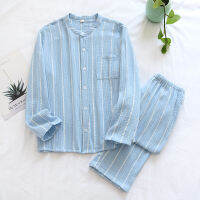 Japanese-style spring and autumn ladies pajamas suit cotton crepe long-sleeved trousers two-piece buttoned home service women