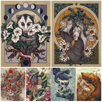 Skeletons Flowers &amp; Mysterious Animals Vintage Wall Art Canvas Painting Bat Opossum Astrology Moon Stars Planets Poster Print Wall Décor