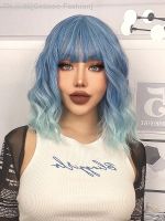 Cynthia Blue Ombre Short Bob Synthetic Wigs For Women With Bangs Body Wave Cosplay Lolita Wig White Natural Heat Resistant Hair [ Hot sell ] Gktinoo Fashion