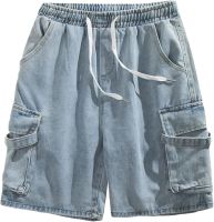 Mens Summer Overalls Pocket Denim Shorts Basic Elastic Waisted Straight Leg Jean Short Fit Drawstring Wash Shorts