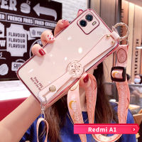 สำหรับ Redmi A1 A2สายรัดข้อมือเคสโทรศัพท์พร้อมสายคล้องยาวฟรี,เคสสีลูกกวาดไฟฟ้าพร้อมเคสป้องกันกล้อง