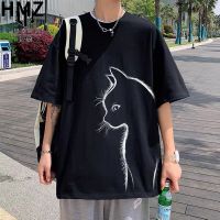 HMZ Summer New T-shirt Men Top Quality 100% Cotton Cool Cat Print Tees Casual Loose Men T Shirt Oversized T-shirt Men Tee Shirts