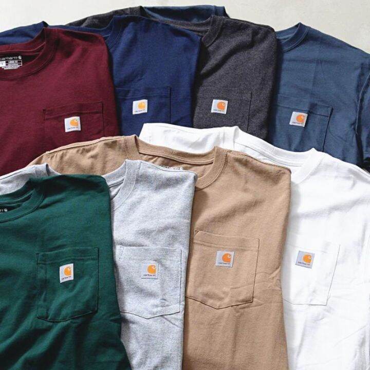 spot-carhartt-เสื้อยืด-k87คลาสสิกเสื้อยาวปิดถึงก้นเรียบง่ายเครื่องมือลมหลวมกระเป๋าแขนสั้นผู้ชายพอดีตัว