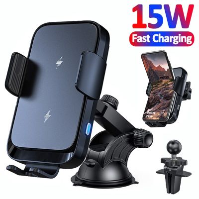 15W Wireless Car Charger Dual Coil Auto Car Phone Holder Stand For iPhone 14 13 12 X Samsung Z Flip Infrared Fast Car Charging
