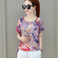 COD DSFERTRETRE Women Tops Summer Short Sleeve Chiffon Blouse Casual Geometric Print Tops Women Korean Style Women Blouses