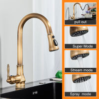 MYQualife Antique Brass Kitchen Sink Faucet Pull Down Swivel Spout Kitchen Deck Mounted Bathroom Hot and Cold Water Mixers