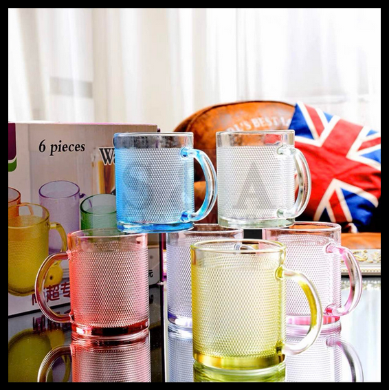 Sanda Glassware 6pcs 210ml High Quality Mug With Handle Multi Color Drinking Juice Glass 6961