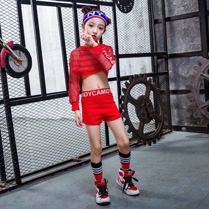 ชุดแจ๊สแดนซ์เด็กสีแดงเด็กผู้หญิงชุดเต้นฮิปฮอป