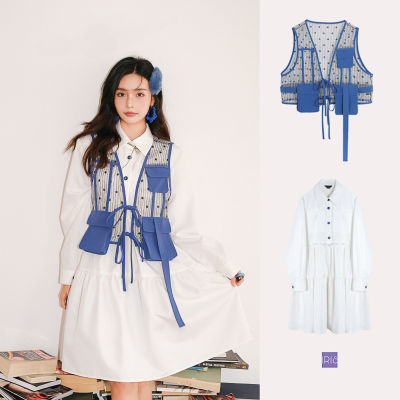 [ พร้อมส่ง  ]「สินค้าลิขสิทธิ์แท้」 Iris Boutique IV010-ID219&nbsp;Navy packets set vest+Purity lily shirt dress ชุดเดรสยาวเดรส เดรสผู้ใหญ่ เสื้อกั้ก