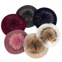 Womens Solid Color French Elegant Berets Soft With Real Pompom Female Artist Fashion Hats Lady Casual Knitted Retro Caps