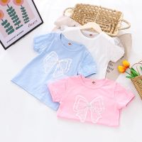 2023 Children Clothing Cotton Short -sleeved Girl Princess Bubble Sleeve Bow Sequins Short -sleeved T -shirt Little Girl Cute Top