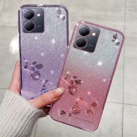 เคสโทรศัพท์ Y36 Vivo Y27 Y35 + Y35M + 4G 5G 2023ลายดอกกุหลาบส่องแสงเป็นประกายระยิบระยับสีไล่ระดับสีเคสคลุมเต็มป้องกันเลนส์กล้องซิลิโคนนิ่มกันกระแทกฝาหลัง