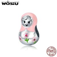 WOSTU 100 925 Sterling Silver Lovely Russian Doll Girls Beads Fit Original Bracelet Pendant Pink Enamel Charms Jewelry DXC1435