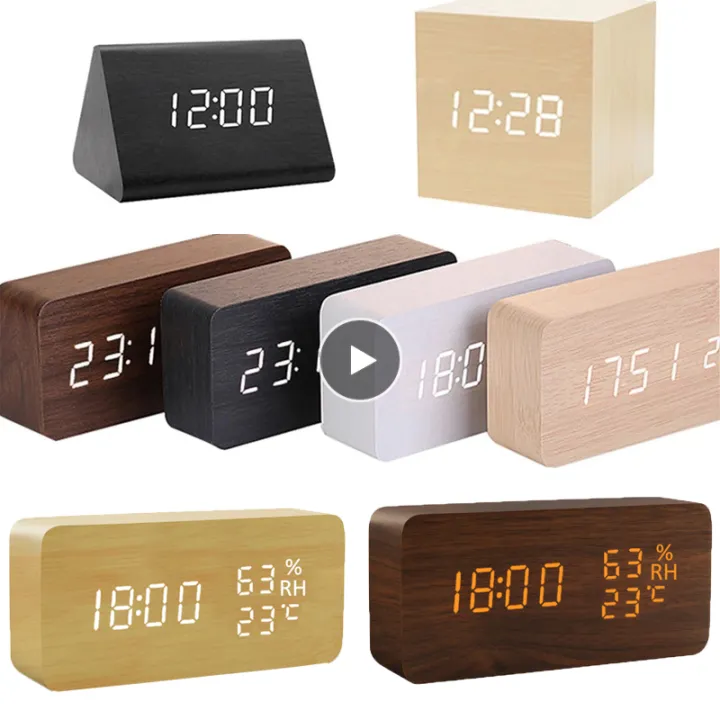 USBAAA Clocks LED Wooden Alarm Clock Watch Table Voice Control Digital