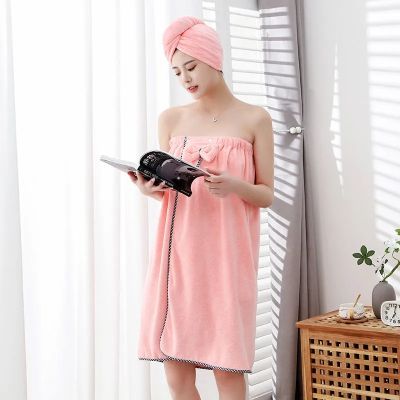 [Xiaoli clothing] Madam Coral Velvet ชุดอาบน้ำสองชิ้น New Hair Drying Cap Tube Top Bath Dress Quick Dry Super Absorbent Soft Thicken Towel Suit