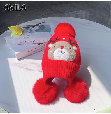AMILA หมวกเด็ก Elk Christmas Pattern Warm And Windproof Ear Protection Children S Knitted Hat Boy And Girl Christmas Hats Santa Hat