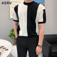 ASRV เสื้อถักลายทางแขนแขนสั้นคอกลมขนาดเล็กระบายอากาศได้ดีเข้ารูปพอดี