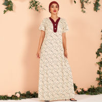 New Summer Long Dress Women 2022 Apricot Floral Print Chiffon Vintage V-neck Short Sleeve Arab Robes Loose Party Maxi Dresses