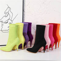 2022 Plus Size 32-48 Women Fetish Suede Boots Stiletto 10cm High Heels Purple Yellow Neon Green Short Ankle Booties Peach Shoes