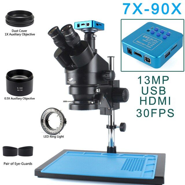 7x-45x-simul-focal-stereo-trinocular-zoom-microscope-4k-2k-48mp-hdmi-usb-vga-microscope-camera-set-with-auxiliary-objective-lens