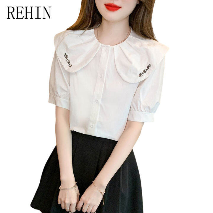 rehin-ตุ๊กตาเสื้อแขนสั้นเสื้อสตรีแฟชั่นอินเทรนด์-ใหม่ฤดูร้อนสวยขนาดเล็กปักเรียบง่ายชิค