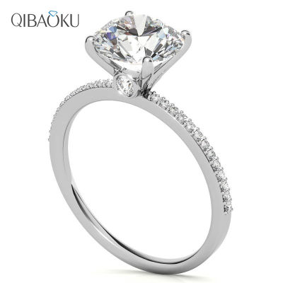 Solid 14k White Gold Three Stone Moissanite Engagement Ring for Women With Center Round Moissanite and Side Pear Shaped