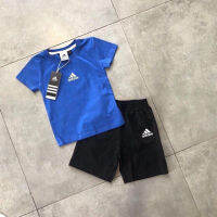 ADIDAS ชุดฤดูร้อนสำหรับเด็ก,ชุดกีฬาแบบเรียบง่ายสำหรับเด็กผู้ชายและผู้หญิงเสื้อยืดผ้าฝ้าย2ชิ้น