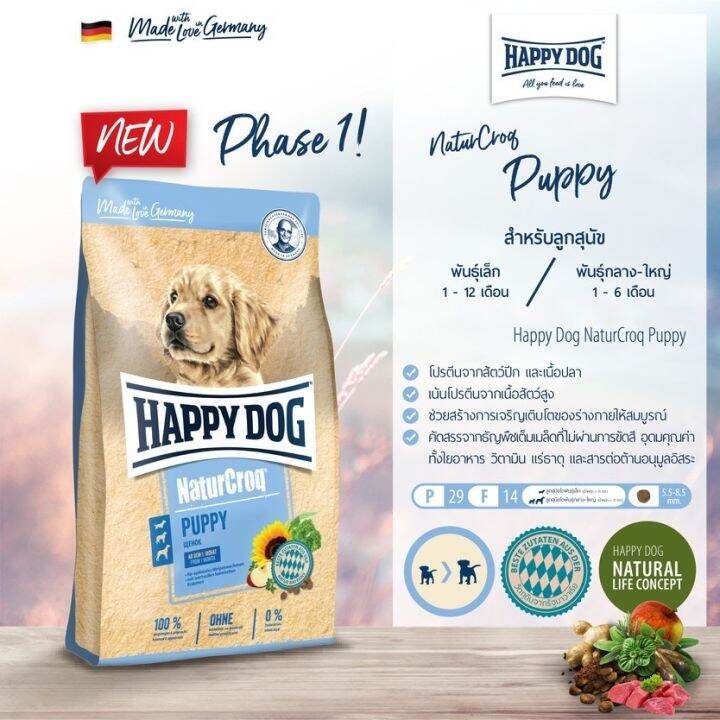 happy-dog-naturcroq-puppy-อาหารลูกสุนัขทุกสายพันธุ์-สูตรเนื้อสัตว์ปีกและเนื้อปลา-1-kg