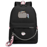 Pusheen กระเป๋าเป้สะพายหลังลายการ์ตูนแมวพิมพ์ลายน่ารักกระเป๋านักเรียนวัยรุ่นจุได้เยอะกระเป๋าคอมพิวเตอร์ USB โมเดลสำหรับทั้งหญิงและชาย