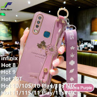 JieFie เคสโทรศัพท์ลายใบเมเปิ้ลสำหรับ Infinix Hot 8 / Hot 9/ร้อน10/10 / 10S / 10T / 10 Play / 10S NFC / Hot 11 / 11S / 11 Play / 11S NFC สายรัดข้อมือสไตล์หรูหราชุบโครเมี่ยมนุ่ม TPU กรณีสี่เหลี่ยม + เชือกเส้นเล็ก