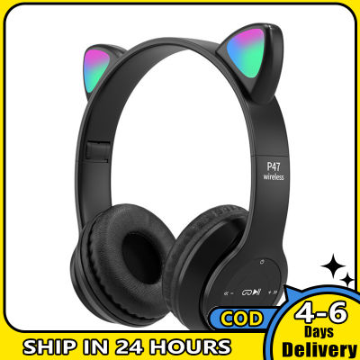 หูฟัง P47สำหรับเด็กพร้อมหูแมว RGB ไฟ Led อัพพับได้หูฟังใหญ่พร้อมชุดหูฟังไร้สาย AUX 3.5มม.