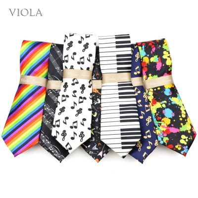 Smooth Soft Men 39;s Tie 8cm Music Notes Guitar Rainbow Striped Print Polyester Necktie Tuxedo Banquet Suit Party Gift Accessories