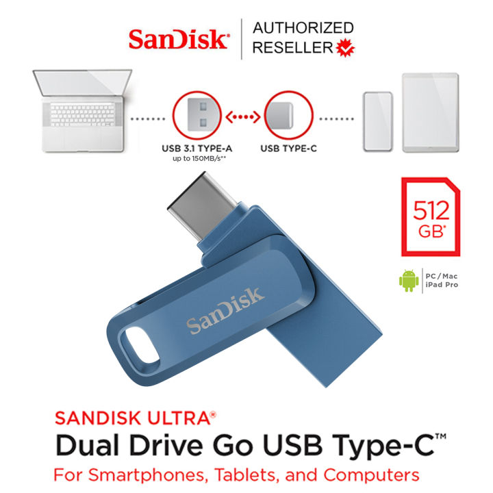 SanDisk 256GB 512GB Ultra Dual Drive Go USB Type-C OTG USB 3.1 Navy Blue