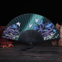 Chinese Style Vintage Handheld Folding Fan with Tassel Lily Butterfly Printed Pattern for Wedding Dancing Party Cheongsam