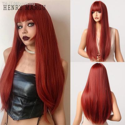 HENRY MARGU Orange Red Ombre Long Straight Wigs for Women Synthetic Wigs With Bangs Cosplay Halloween Wigs Heat Resistant Hair [ Hot sell ] vpdcmi