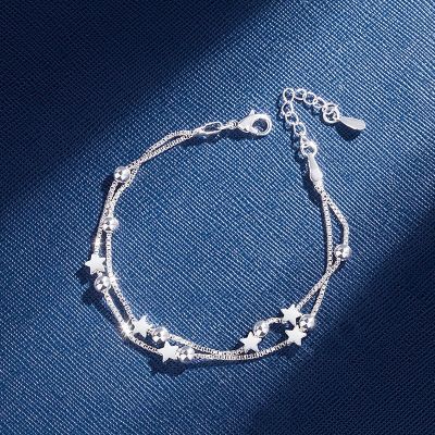DAIWUJAN Silver Color Double Layers Stars Beads Bracelets For Women Elegant Box Chain Charm Bracelet Birthday Party Gift