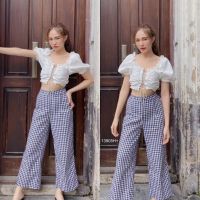 Set 2 ชิ้น เสื้อแต่งลูกไม้สานอก + กางเกงขายาวลายสก็อต MM13905 Set of 2 pieces. Lace shirt + plaid pants.