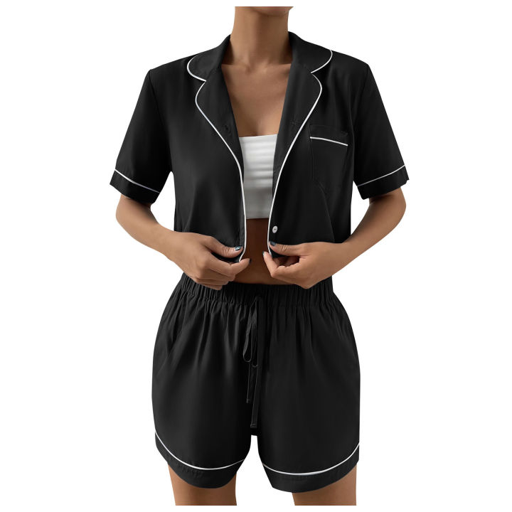 ชุดเสื้อผ้า2ชิ้นสำหรับใส่อยู่บ้านกางเกงขาสั้นเสื้อกีฬาแขนสั้นสบายลำลองสีพื้นแบบแฟชั่นของผู้หญิง