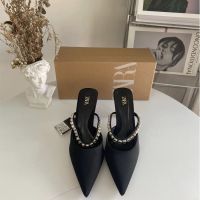 ZA new high-heeled shoes pointed shallow mouth empty heel after wearing diamond chain ACTS the role of sweet baotou sandals women