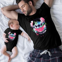 Family Look Stitch T Shirt Mother and Baby Matching Outfits Fashion Streetwear Father Son Same Family Clothes Black Top