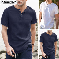 Beehoo INCERUN Mens Henley Cotton Breathable Tops เสื้อลำลองแขนสั้นมีสไตล์ (ผ้าฝ้ายลินิน)