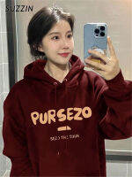 SUZZIN เสื้อสเวตเตอร์ฮู้ดแขนยาวพิมพ์ลายตัวอักษรรุ่นเกาหลีแบบหลวม