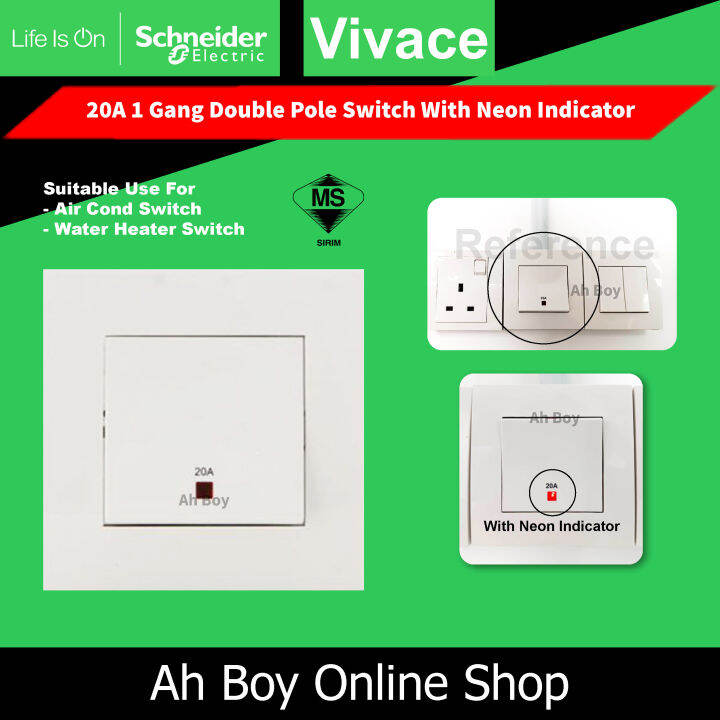 Schneider Vivace White 20A Double Pole Switch 1 Gang 1 Way with Neon