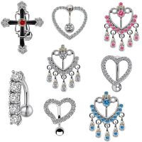 [Zhongxi ornaments ] 1ชิ้น Love Cross Zircon สะดือแหวนสแตนเลส Inverted Dangle Navel Piercing แหวน Heart Belly แหวน Body Piercing เครื่องประดับ