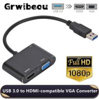 Grwibeou 2in1 USB 3.0 to HDMI-compatible VGA Converter Dual Output 1080P USB to VGA HDMI Adapter Cable for Mac OS Windows 7/8/10 Cables