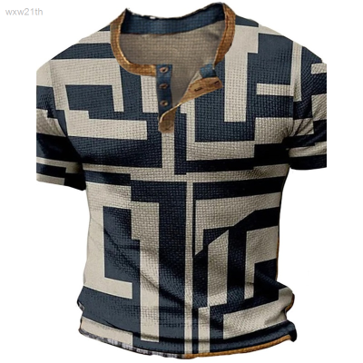 2023 Casual Short Sleeved Shirt, 3d Henry Waffle Print, Plaid Pattern, Comfortable to Wear, Mens Fashion. Unisex