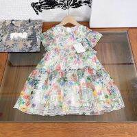 2022 Summer high quality fashion brand printed lotus leaf sleeve layered Chiffon Skirt Girl Dress 2 4 6 8 10 years old