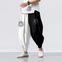 CWOversize 6XL สีขาวสีดำ Sun Moon Splicing พิมพ์ Casual Beach Harem กางเกงผู้ชาย Hip Hop Nine Points กางเกง Jogger Sweatpants