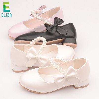 ES childrens leather shoes white bow girls high-heeled princess shoes pearl shoes